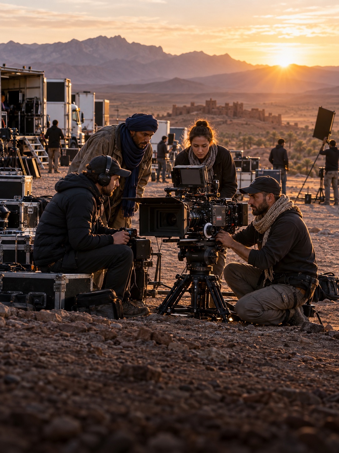 Équipe de tournage internationale en tournage au Maroc
